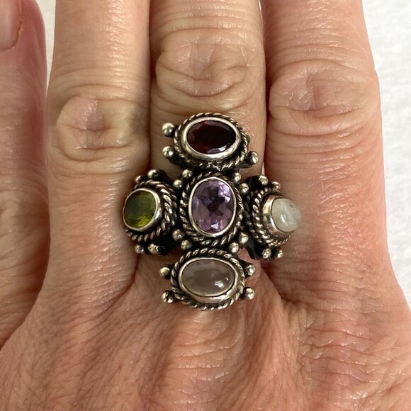 Sterling Silver 925 Garnet Peridot Multi Gemstone Cluster Statement Ring Sz 8.75 - Picture 13 of 16